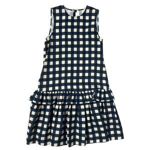 Victoria‎ Beckham Gingham Drop Waist Ruffle Crepe Dress Blue White Sz 4 Coquette